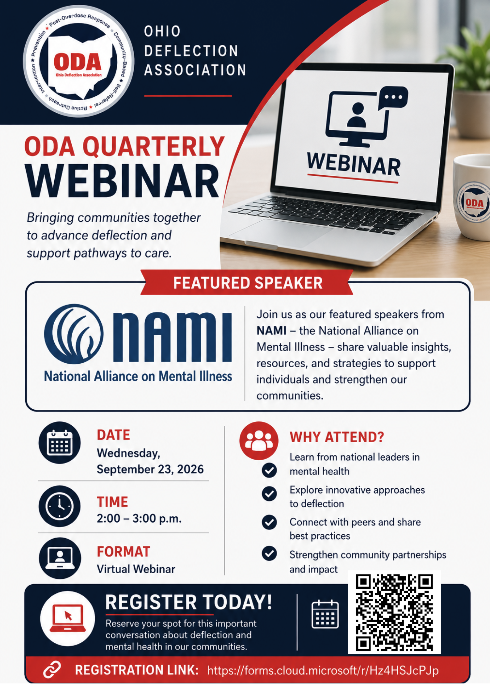 ODA Quarterly Webinar, featured speakers from NAMI, the National Alliance on Mental Illness. Wednesday, September 23, 2026, 2 to 3 p.m., virtual webinar. Register at forms.cloud.microsoft/r/Hz4HSJcPJp