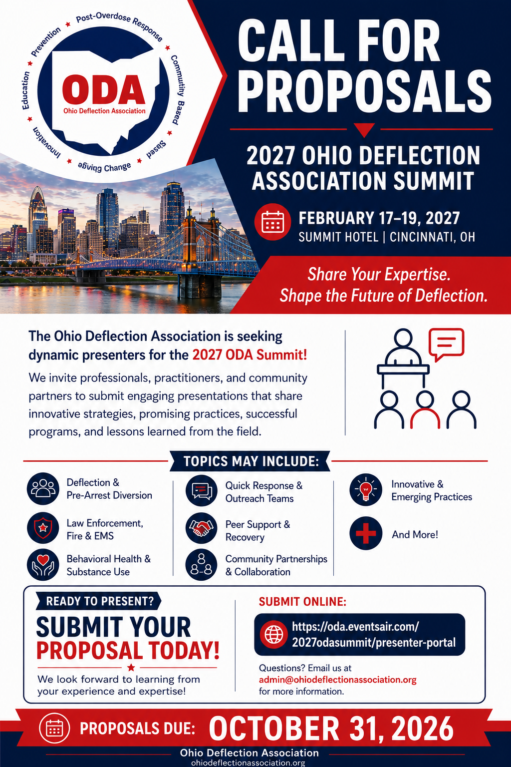 Call for Proposals, 2027 Ohio Deflection Association Summit, February 17 to 19, 2027, Summit Hotel, Cincinnati, Ohio. Proposals due October 31, 2026.