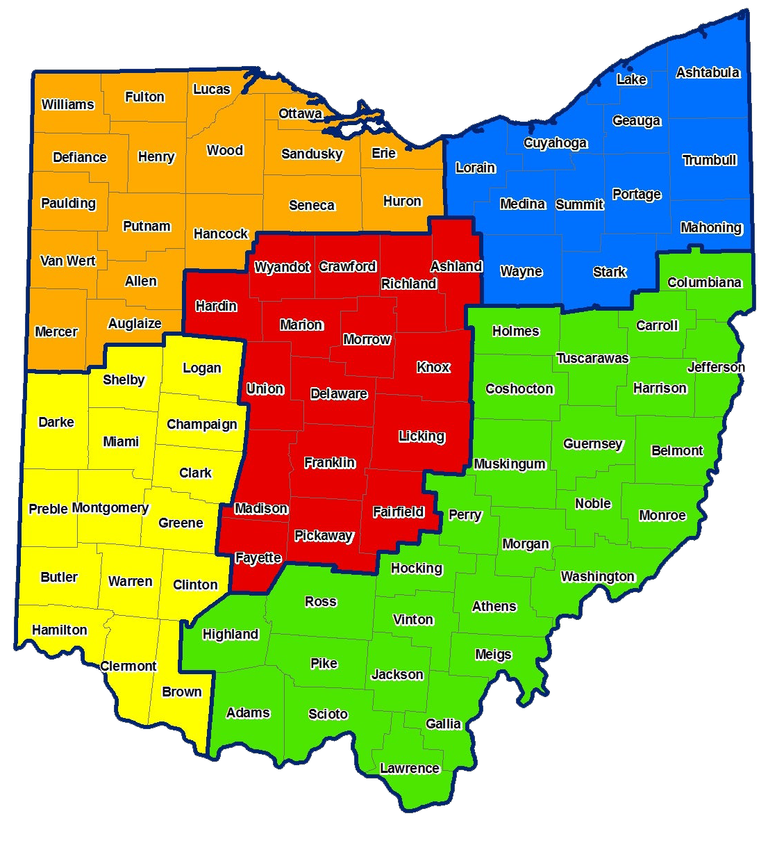 Clickable map of Ohio's 88 counties, colored by ODA region