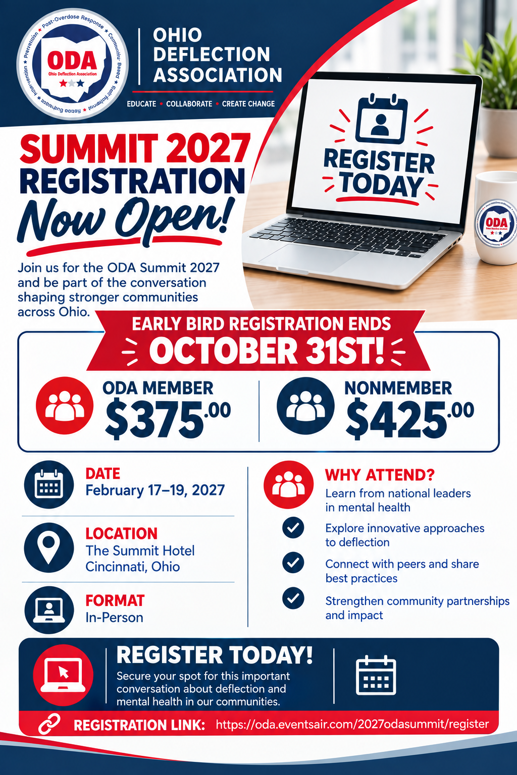 Summit 2027 registration now open. Early bird registration ends October 31st. ODA member $375.00, nonmember $425.00. February 17 to 19, 2027, The Summit Hotel, Cincinnati, Ohio, in-person. Register at oda.eventsair.com/2027odasummit/register